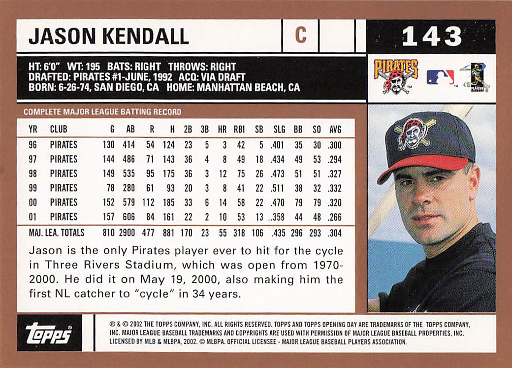 2002 Topps Opening Day Baseball Jason Kendall #143