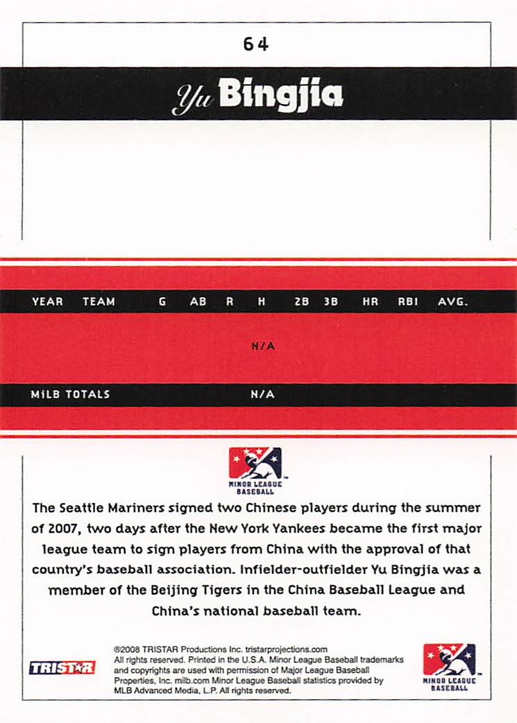 2008 TriStar PROjections Baseball Yubing Jia #64