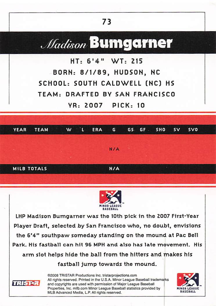 2008 TriStar PROjections Baseball Madison Bumgarner #73