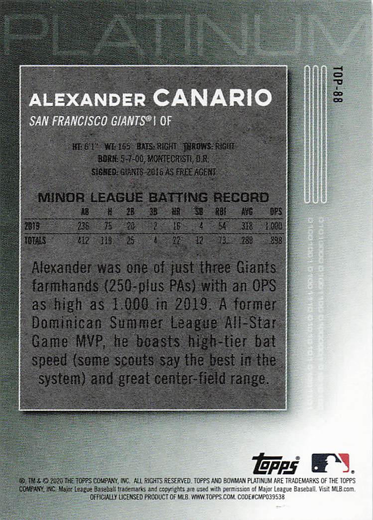 2020 Bowman Platinum Baseball Top Prospects Alexander Canario #TOP-88