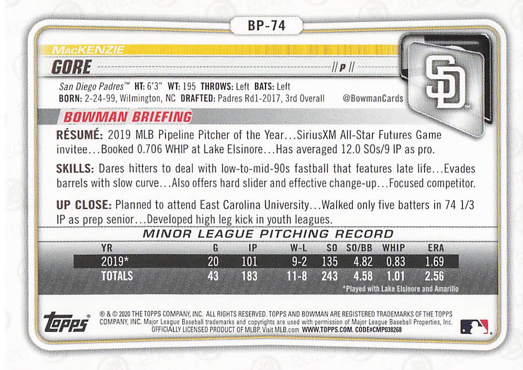 2020 Bowman Baseball Prospects MacKenzie Gore #BP-74