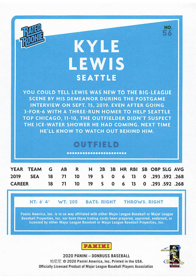 2020 Donruss Baseball Kyle Lewis #56 Rookie