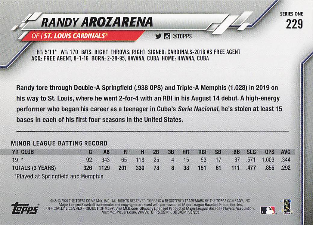 2020 Topps Baseball Randy Arozarena #229 Rookie