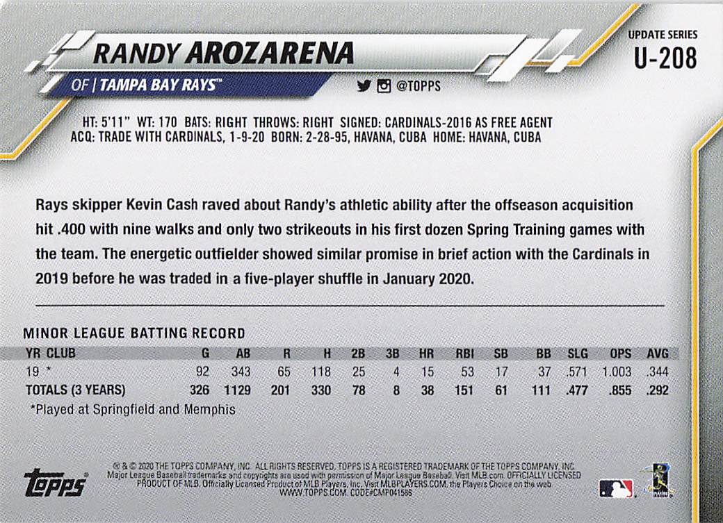 2020 Topps Update Baseball Randy Arozarena #U-208 Rookie