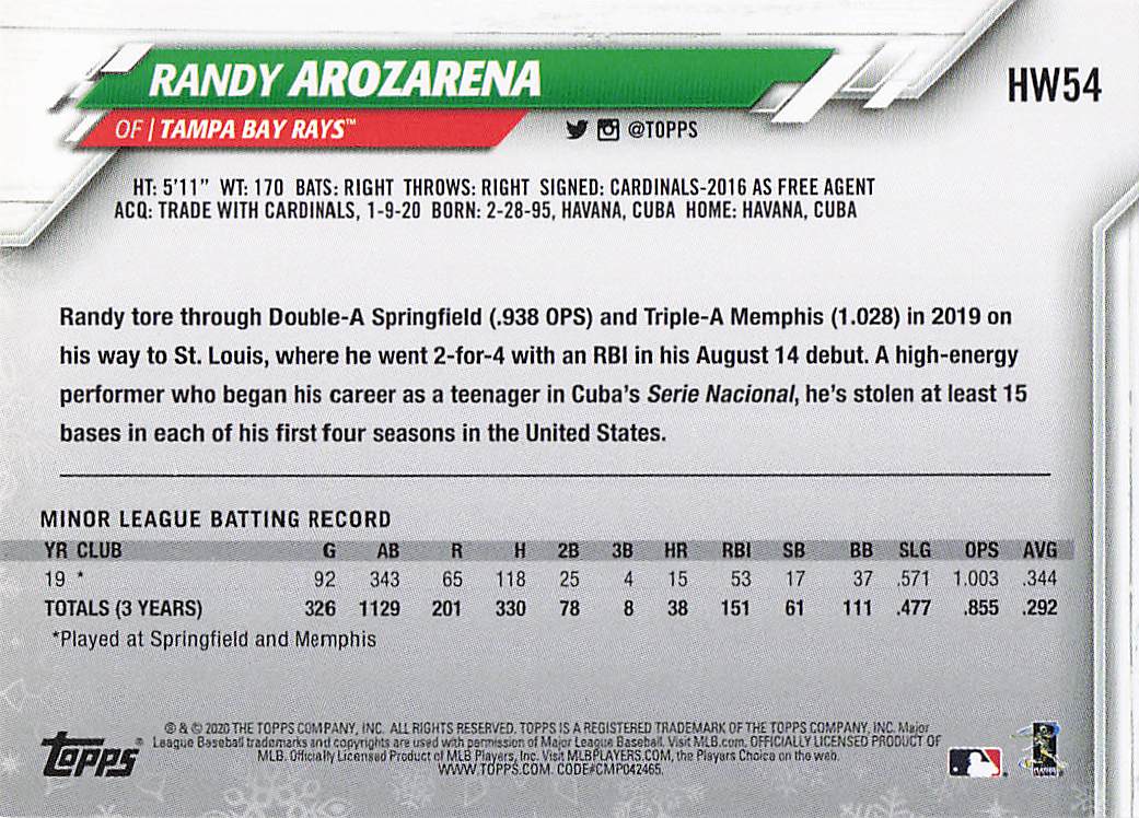 2020 Topps Holiday Baseball Randy Arozarena #HW54 Rookie