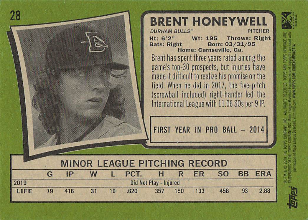 2020 Topps Heritage Minor League Baseball Blue Brent Honeywell #28