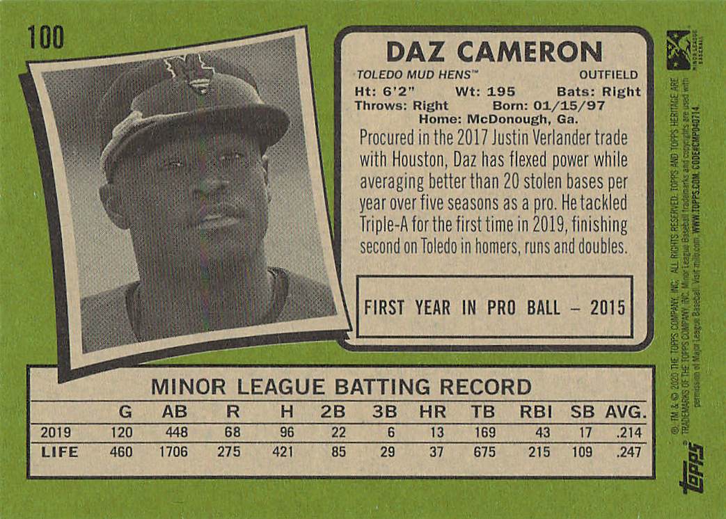 2020 Topps Heritage Minor League Baseball Daz Cameron #100