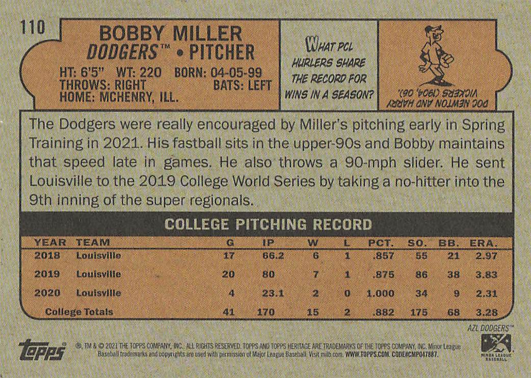 2021 Topps Heritage Minor League Baseball Bobby Miller #110