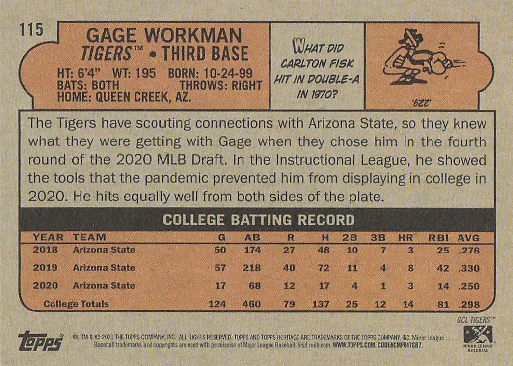 2021 Topps Heritage Minor League Baseball Gage Workman #115