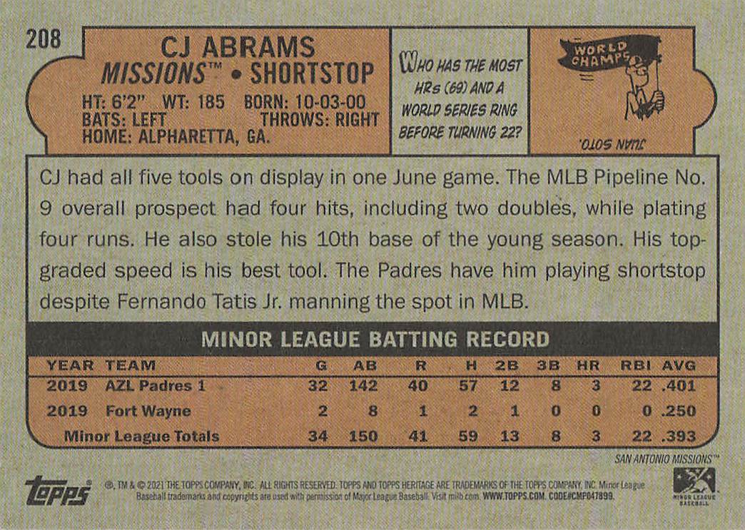 2021 Topps Heritage Minor League Baseball CJ Abrams #208