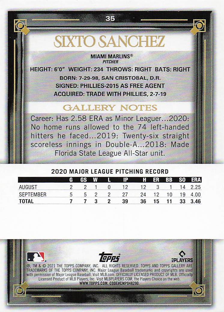 2021 Topps Gallery Baseball Sixto Sanchez #35 Rookie