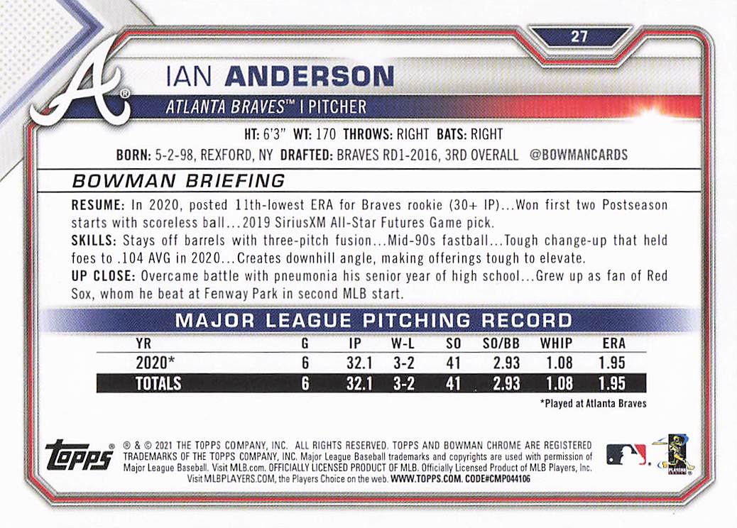 2021 Bowman Baseball Ian Anderson #27 Rookie