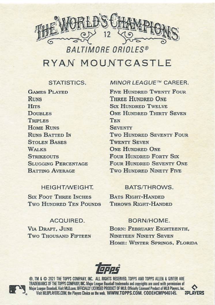 2021 Topps Allen & Ginter Baseball Ryan Mountcastle #12 Rookie