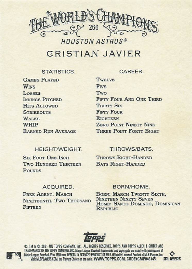 2021 Topps Allen & Ginter Baseball Cristian Javier #266 Rookie