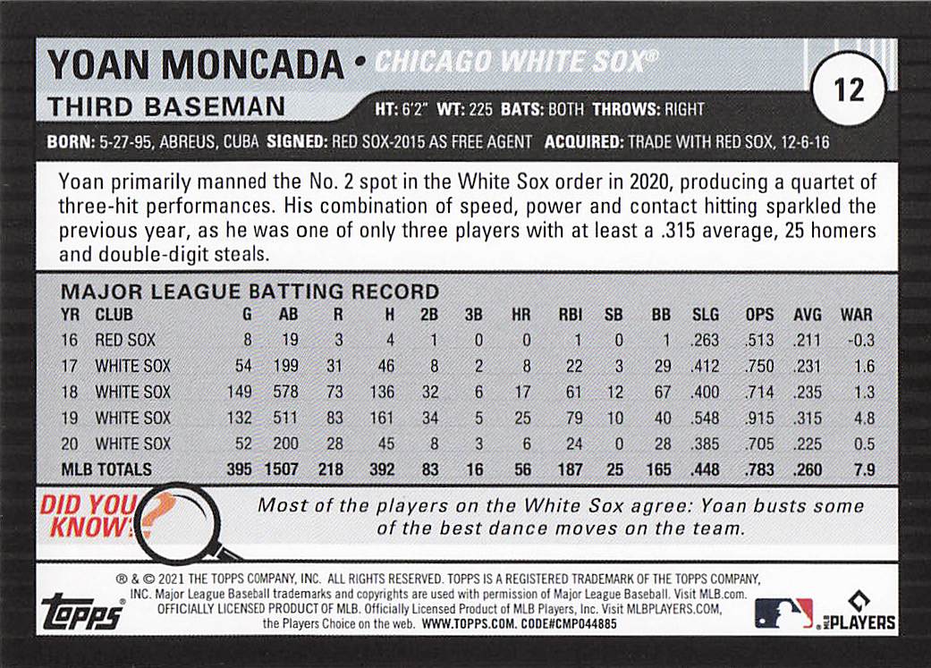 2021 Topps Big League Baseball Yoan Moncada #12
