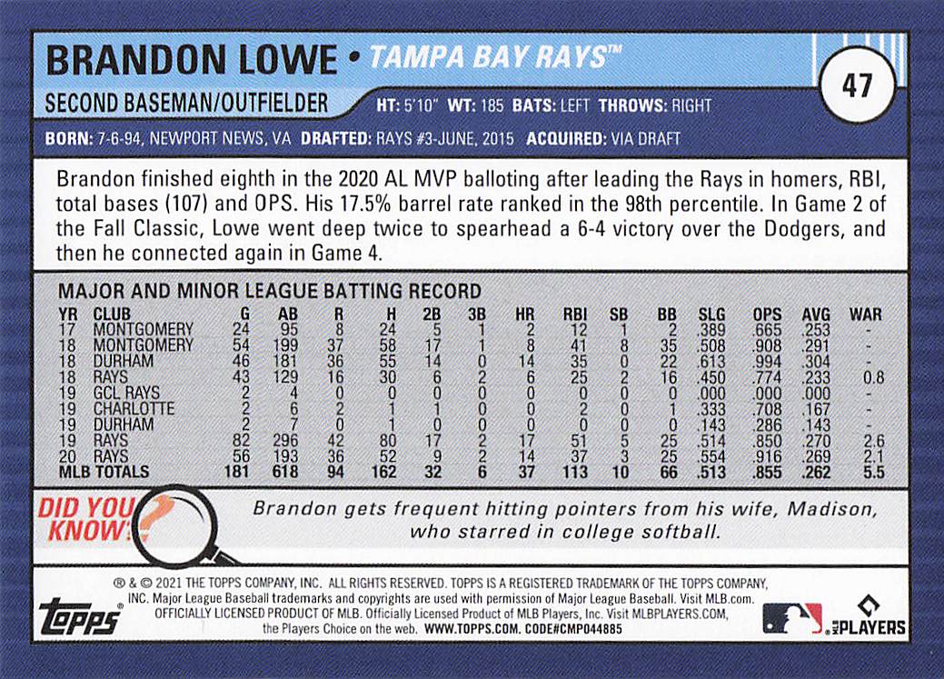 2021 Topps Big League Baseball Brandon Lowe #47