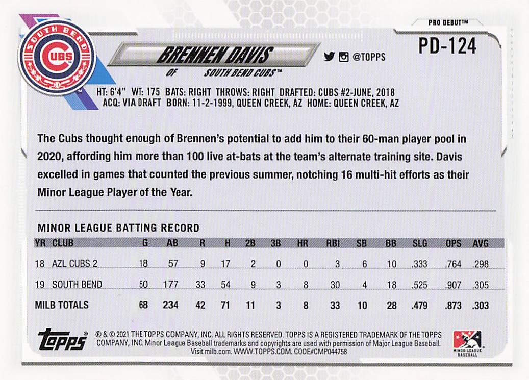 2021 Topps Pro Debut Baseball Brennen Davis #PD-124