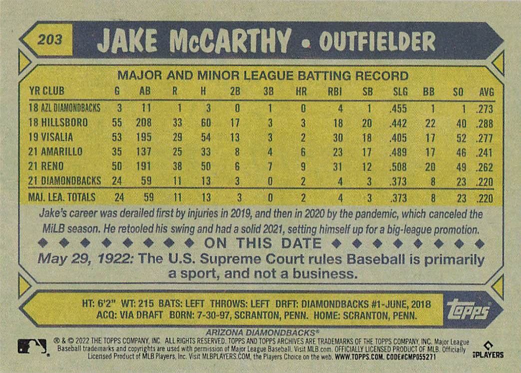 2022 Topps Archives Baseball Jake McCarthy #203 Rookie