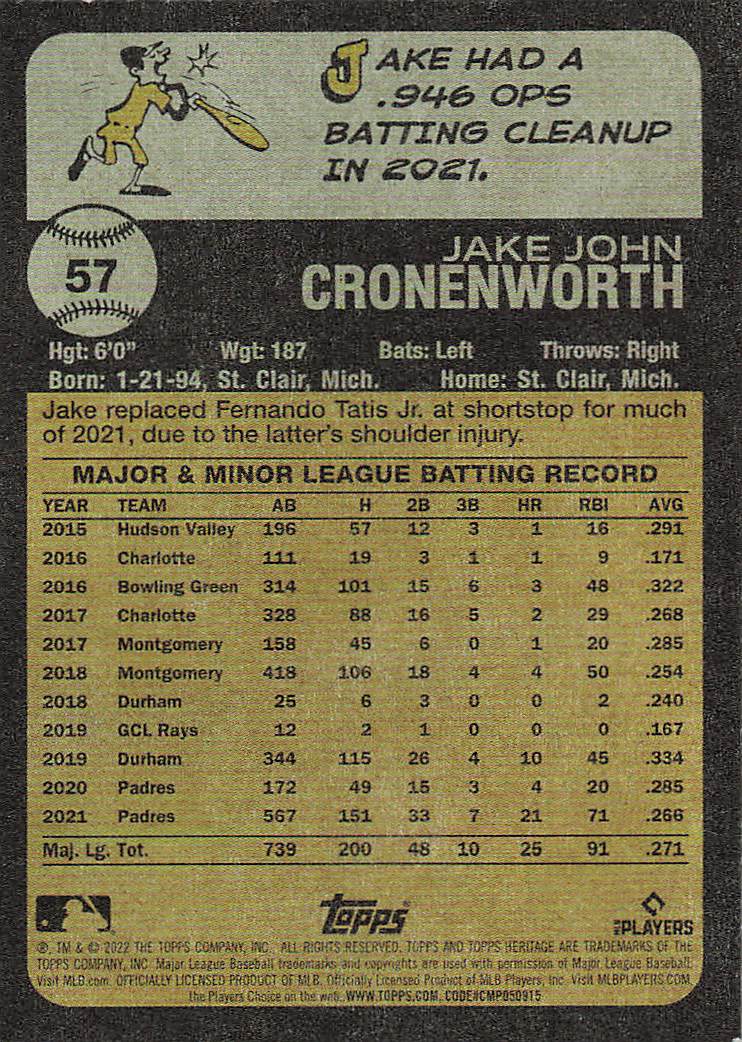 2022 Topps Heritage Baseball Jake Cronenworth #57