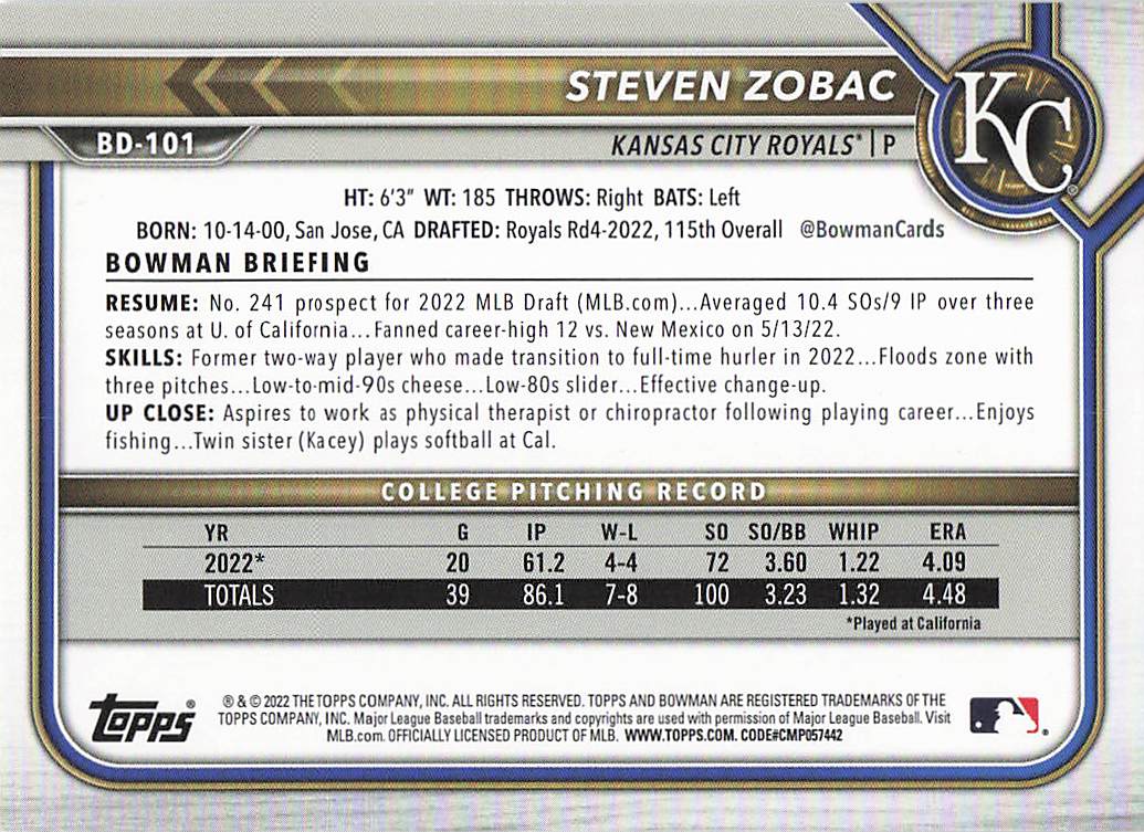 2022 Bowman Draft 1st Edition Baseball Steven Zobac #BD-101