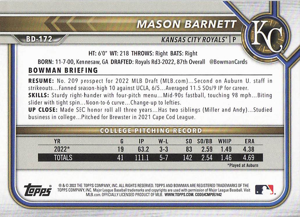 2022 Bowman Draft 1st Edition Baseball Mason Barnett #BD-172
