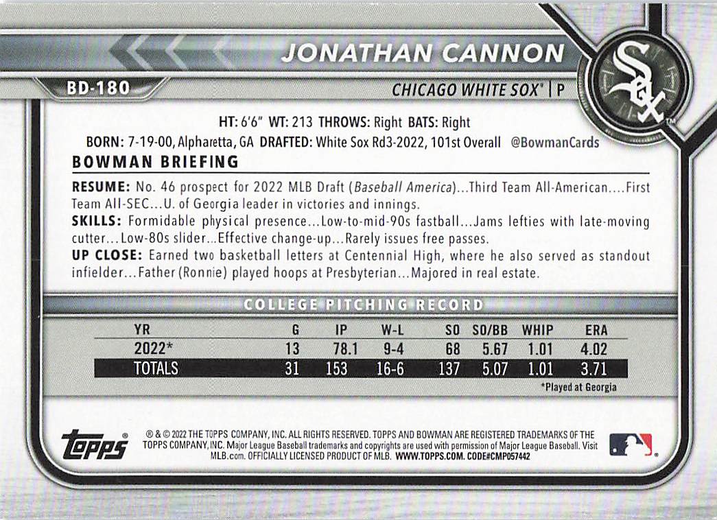 2022 Bowman Draft 1st Edition Baseball Sky Blue Jonathan Cannon #BD-180