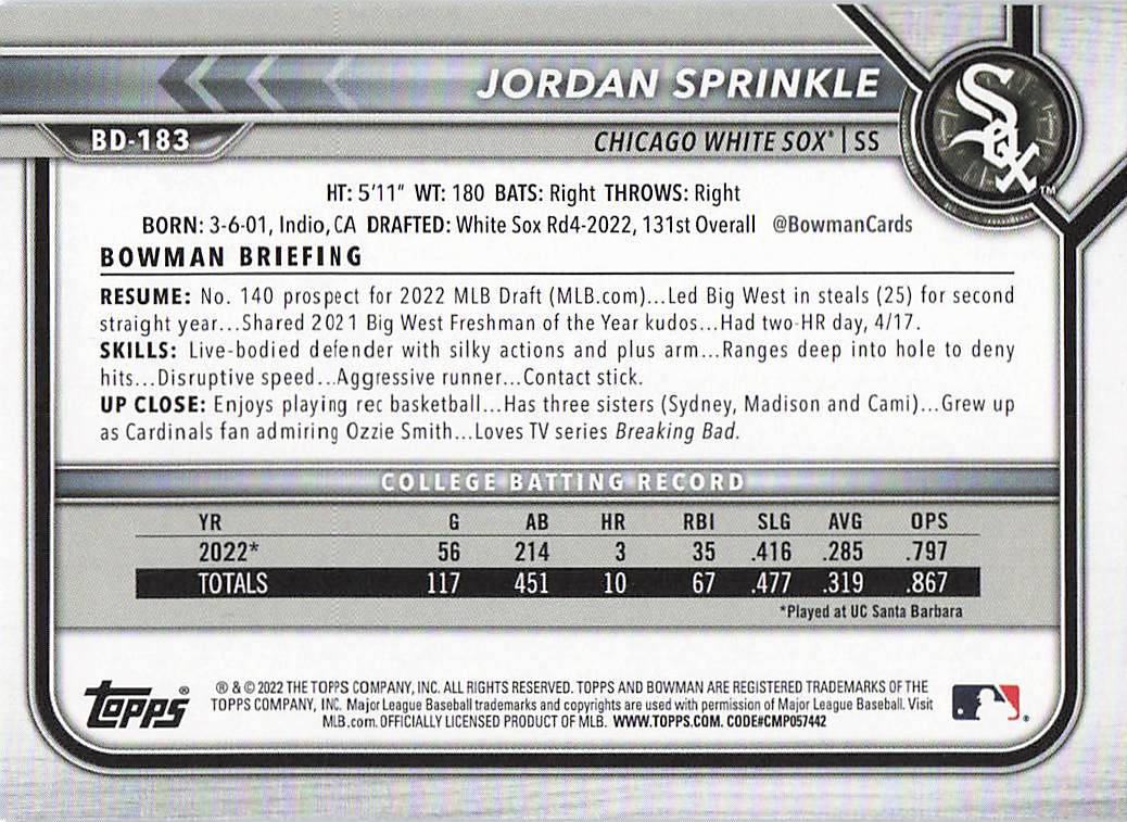 2022 Bowman Draft 1st Edition Baseball Sky Blue Jordan Sprinkle #BD-183