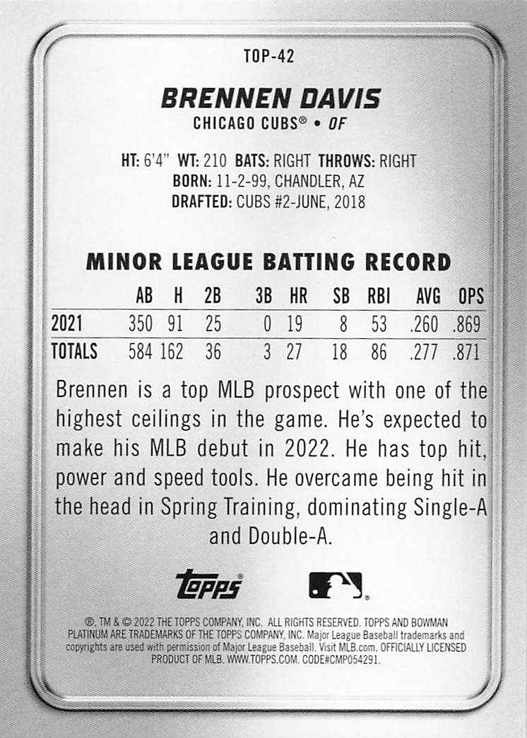 2022 Bowman Platinum Baseball Top Prospects Brennen Davis #TOP-42