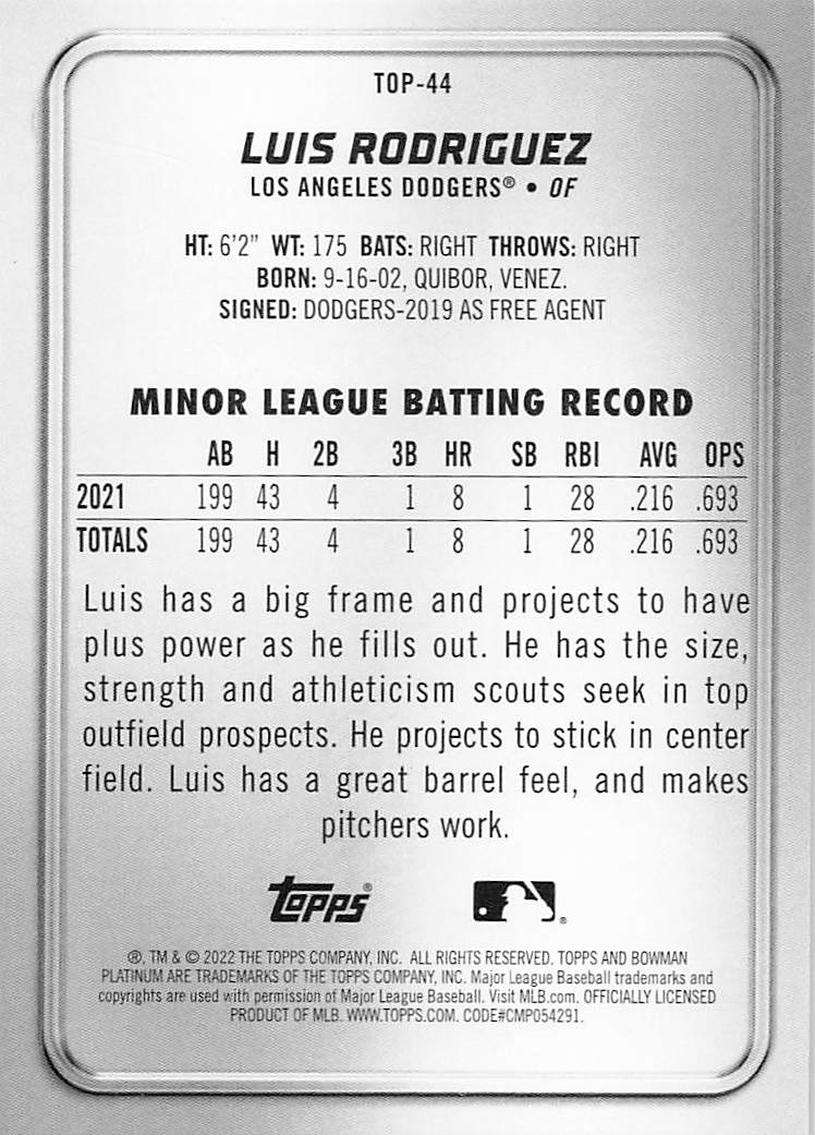 2022 Bowman Platinum Baseball Top Prospects Luis Rodriguez #TOP-44