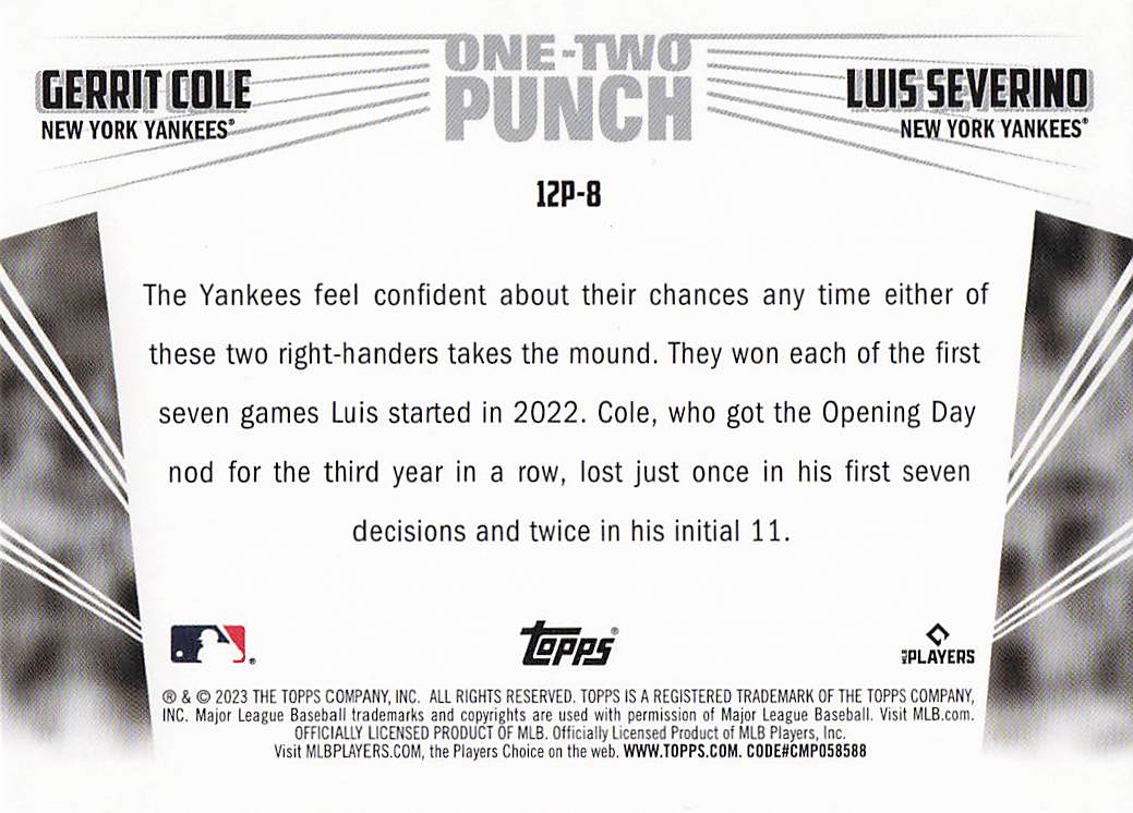 2023 Topps Baseball One-Two Punch Gerrit Cole / Luis Severino #12P-8
