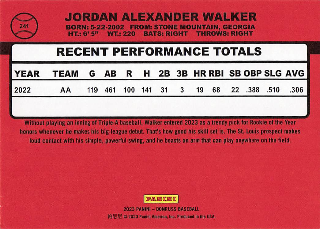 2023 Donruss Baseball Jordan Walker #241b