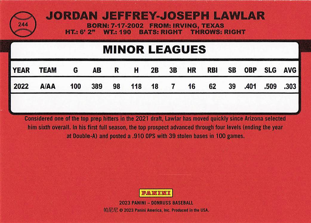2023 Donruss Baseball Jordan Lawlar #244
