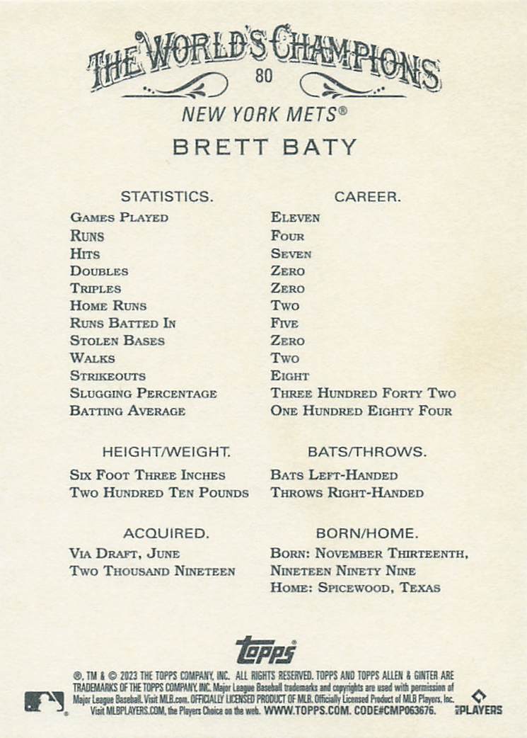 2023 Topps Allen & Ginter Baseball Brett Baty #80 Rookie