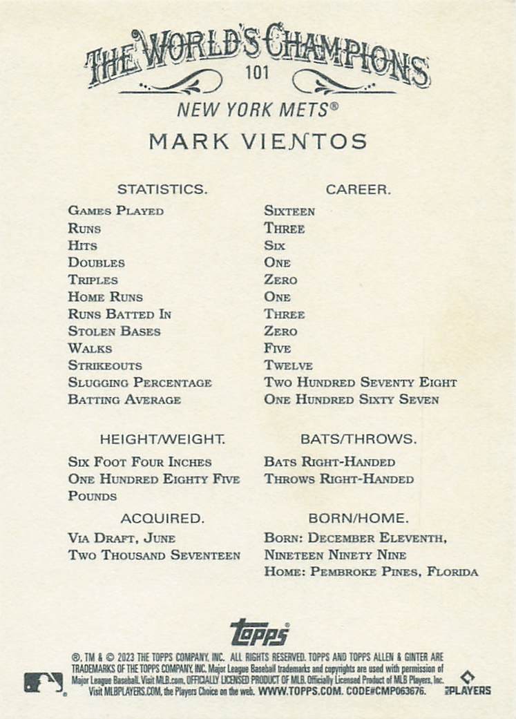 2023 Topps Allen & Ginter Baseball Mark Vientos #101 Rookie