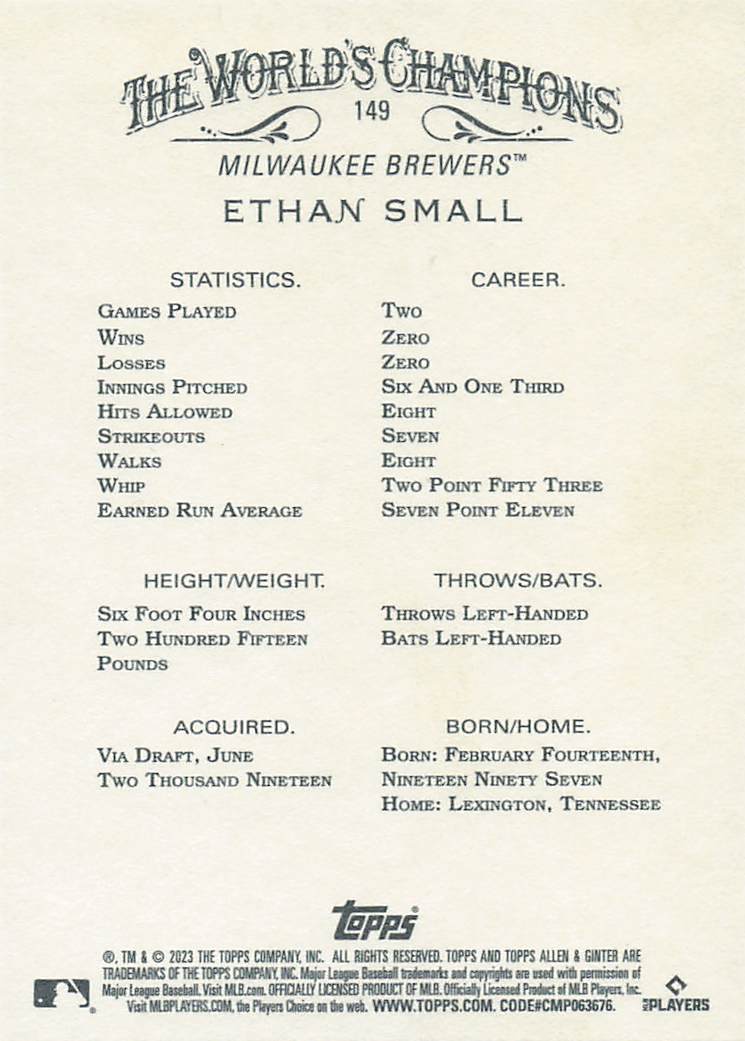 2023 Topps Allen & Ginter Baseball Ethan Small #149 Rookie