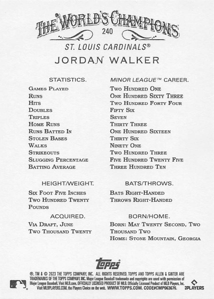 2023 Topps Allen & Ginter Baseball Jordan Walker #240 Rookie