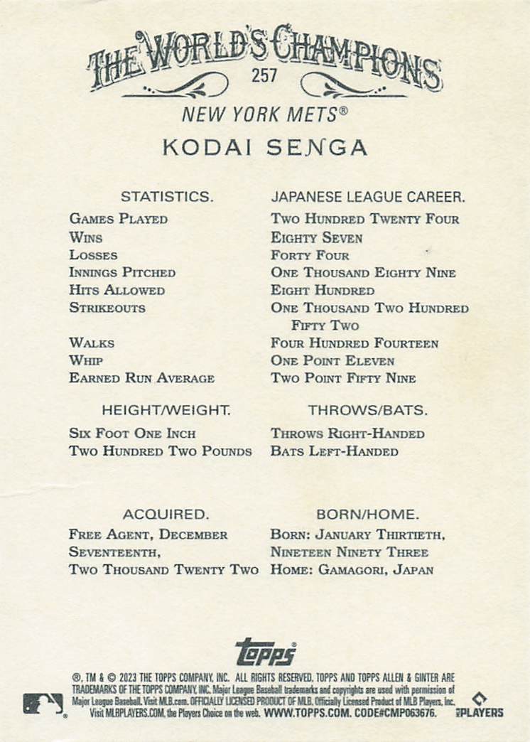 2023 Topps Allen & Ginter Baseball Kodai Senga #257 Rookie