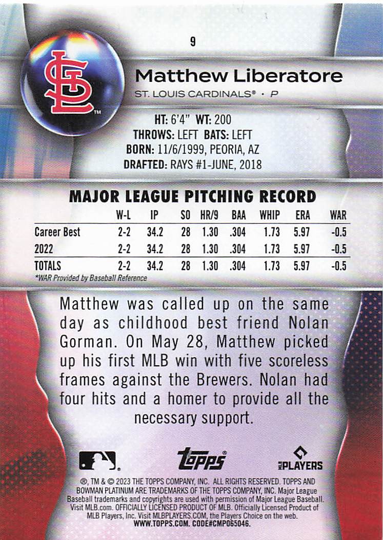 2023 Bowman Platinum Baseball Matthew Liberatore #9 Rookie