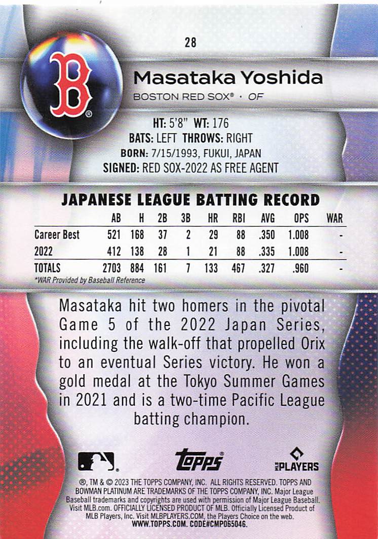 2023 Bowman Platinum Baseball Masataka Yoshida #28 Rookie