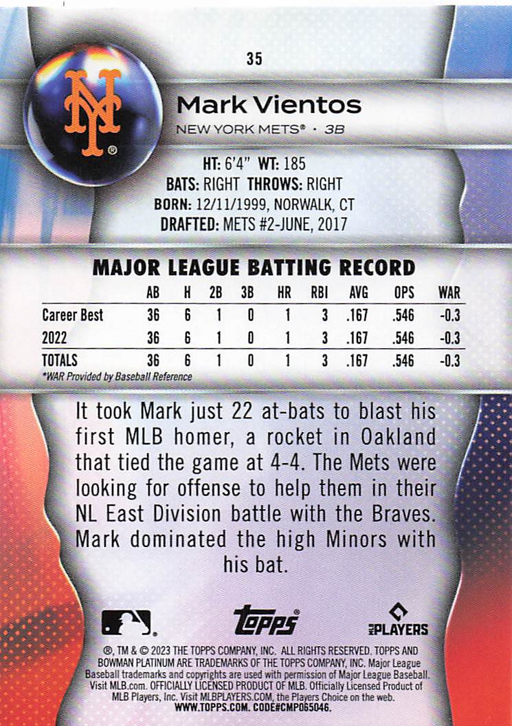 2023 Bowman Platinum Baseball Mark Vientos #35 Rookie