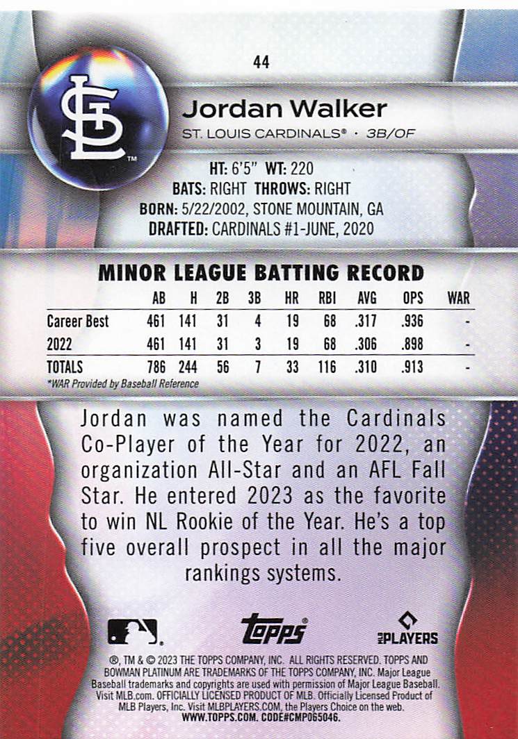2023 Bowman Platinum Baseball Jordan Walker #44 Rookie