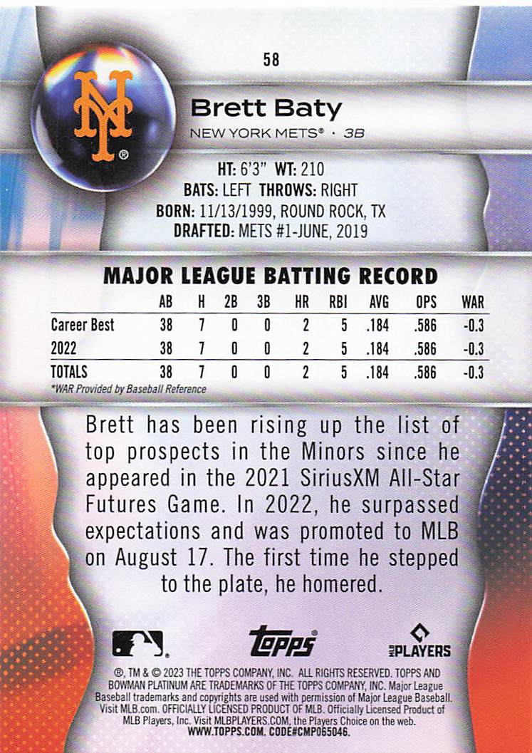 2023 Bowman Platinum Baseball Brett Baty #58 Rookie