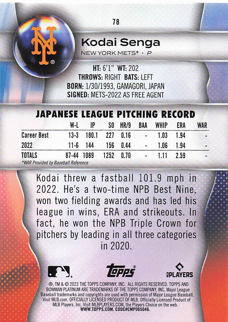 2023 Bowman Platinum Baseball Kodai Senga #78 Rookie