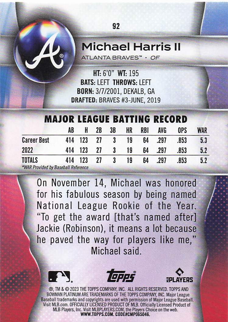2023 Bowman Platinum Baseball Michael Harris II #92 Rookie