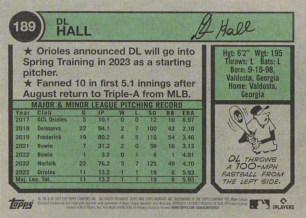 2023 Topps Heritage Baseball DL Hall #189 Rookie