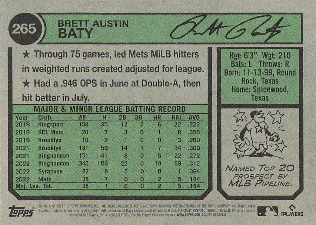 2023 Topps Heritage Baseball Brett Baty #265 Rookie