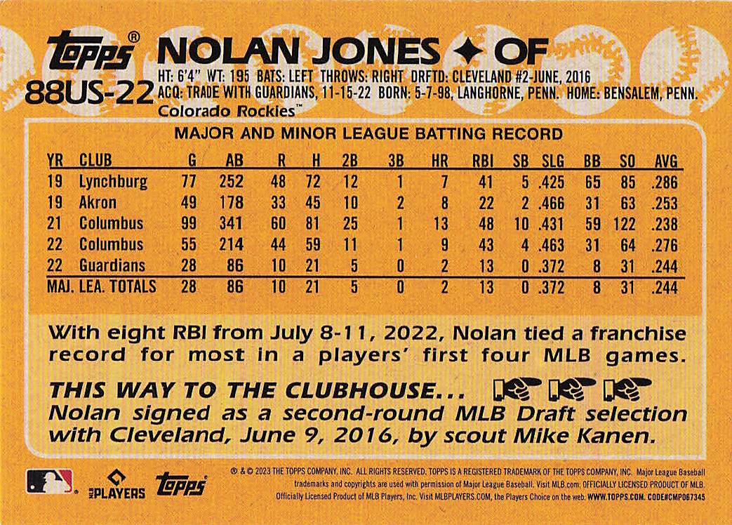 2023 Topps Update Baseball 1988 Topps Baseball Nolan Jones #88US-22