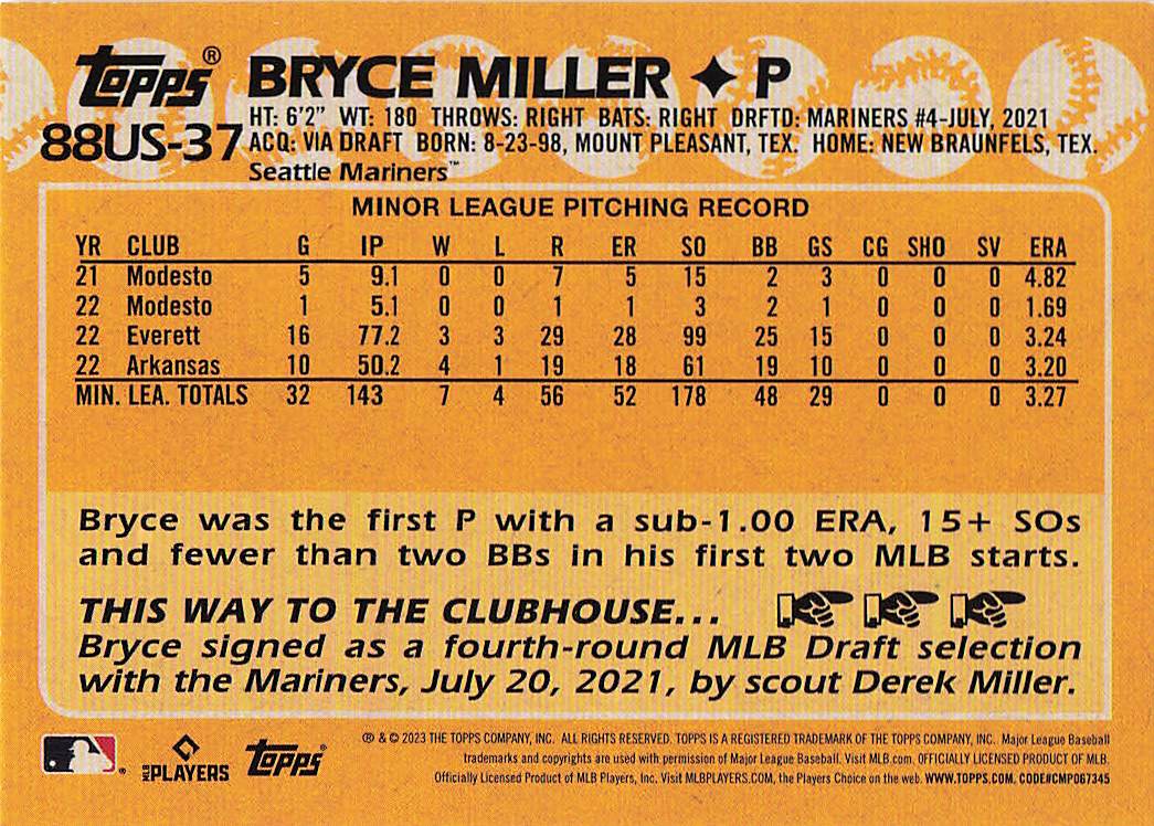 2023 Topps Update Baseball 1988 Topps Baseball Bryce Miller #88US-37