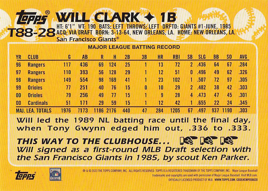 2023 Topps Baseball 1988 Topps Baseball Will Clark #T88-28