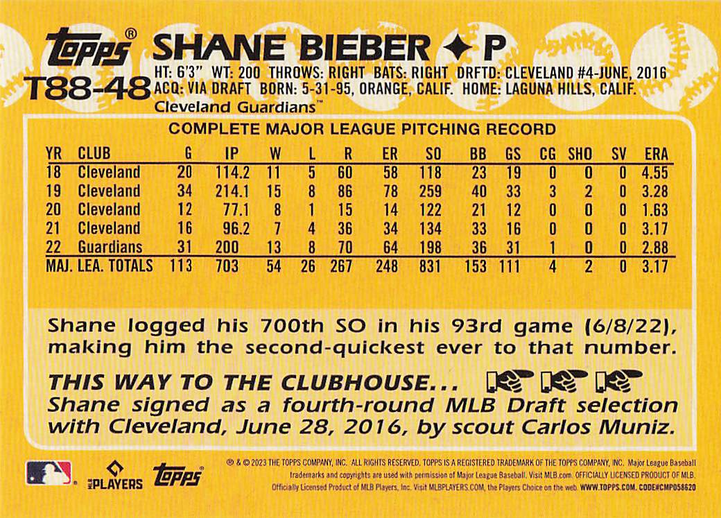 2023 Topps Baseball 1988 Topps Baseball Shane Bieber #T88-48